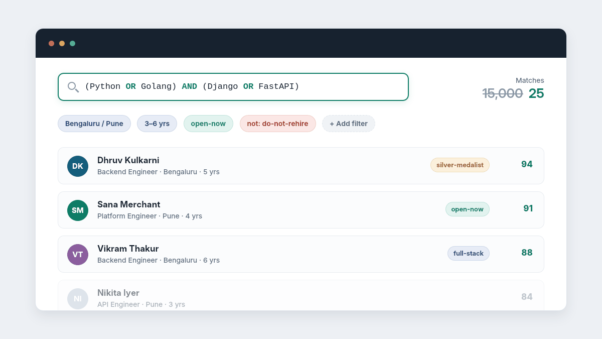 Boolean search filters candidate shortlist